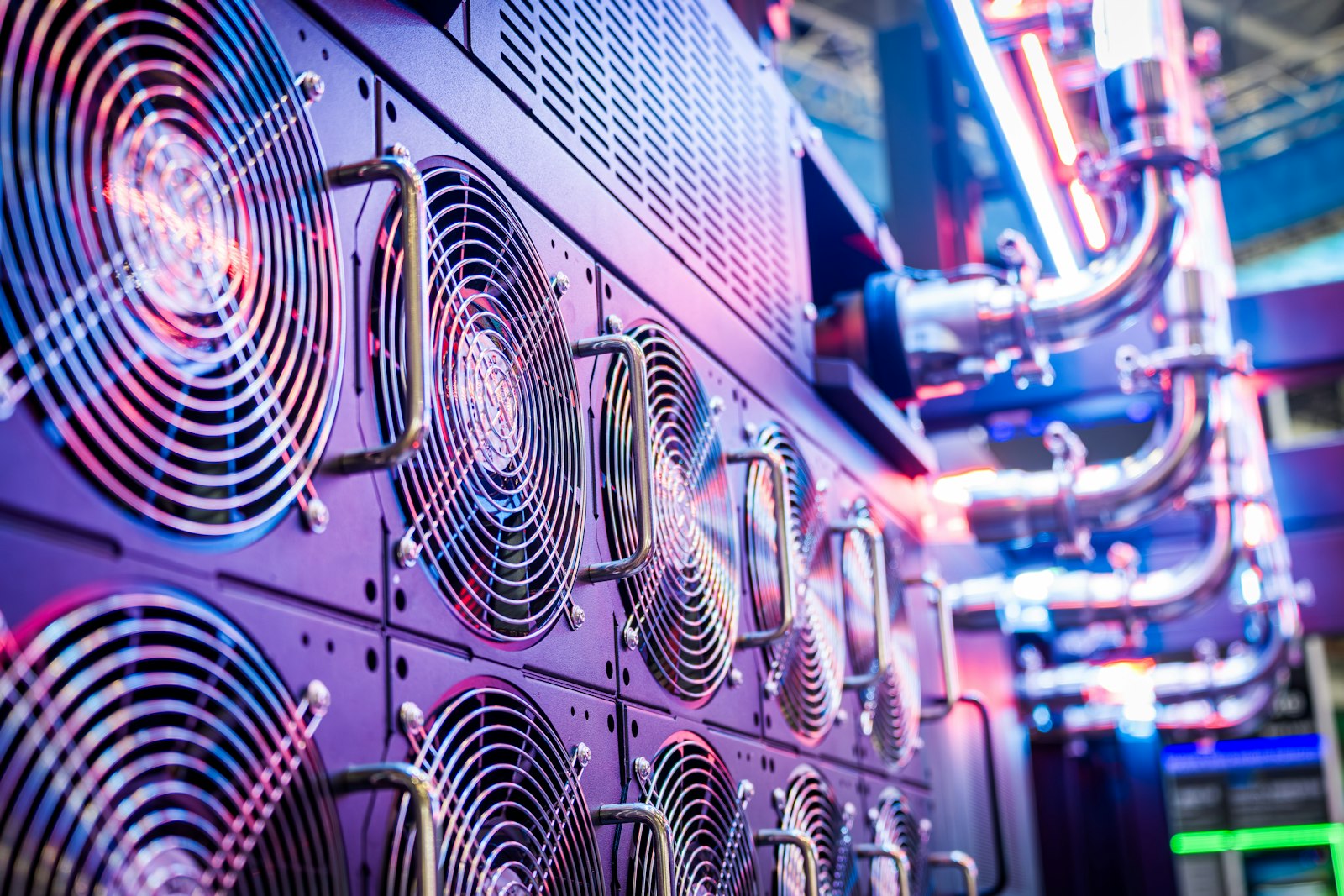 Rows of cooling fans on servers in a data center