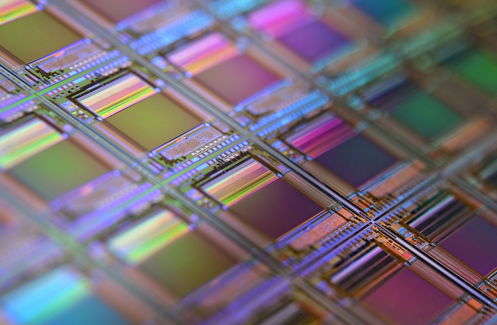 Close-up of microchip dies on a silicon wafer